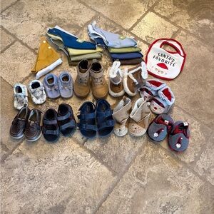 Bundle Lot of infant shoes and new drool bibs